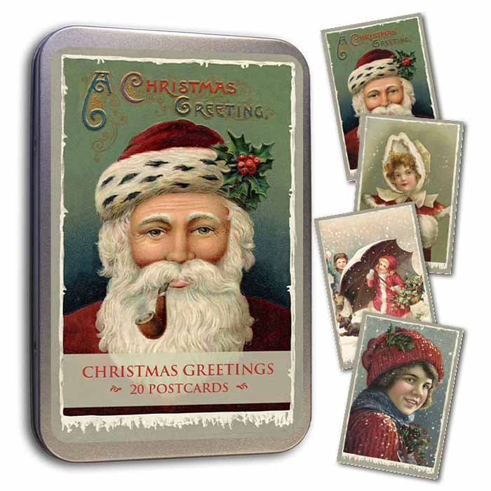 Vintage joulukortit 20 kpl peltirasiassa Christmas Greetings